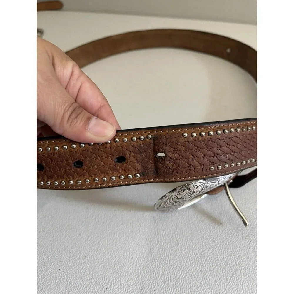 Nocona Belt Western Brown Leather Men Size 40 Embellished Basket Weave